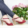 T bar in garnet suede and metallic leather and champagne pailette