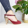 T bar in garnet suede and metallic leather and champagne pailette