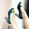 Open-toed platform pump in teal suede and python print and a bow in pistachio suede