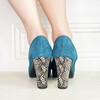Open-toed platform pump in teal suede and python print and a bow in pistachio suede