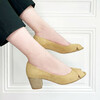 Open-toed pump in sand suede and champagne paillette