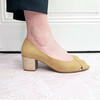 Open-toed pump in sand suede and champagne paillette
