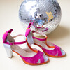 Salomé brides croisées velours rose vif, orange fluo et argentée
