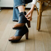 Bottine plateforme en cuir lisse marine et camel
