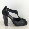 Platform T bar in black soft leather, suede and metallic leather