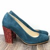 Round toe pump in teal suede and red glitter 