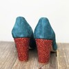 Round toe pump in teal suede and red glitter 