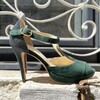 Open-toed platform T bar in dark green suede