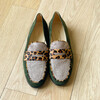 Mocassin en velours kaki, léopard et paillettes or blond