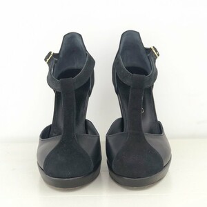 Platform T bar in black soft leather, suede and metallic leather