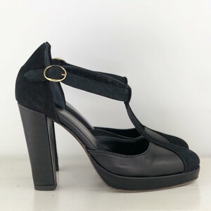 Platform T bar in black soft leather, suede and metallic leather