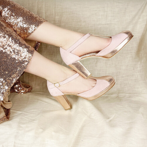 Salomé plateforme en velours rose ballerine et irisé or rose