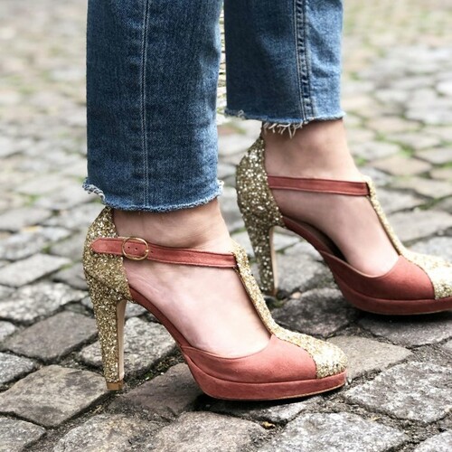 Salomé plateforme en velours rose thé et glitter champagne