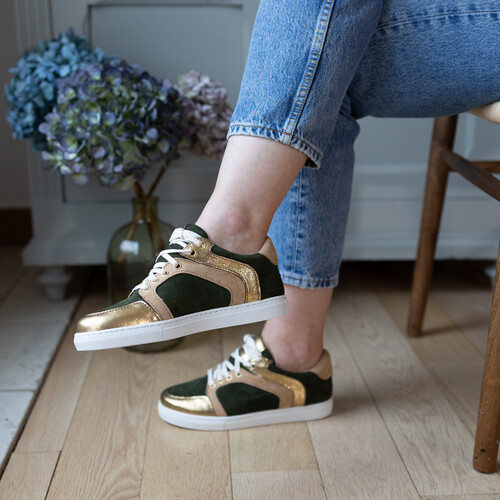 Baskets en velours kaki, camel et irisé bronze