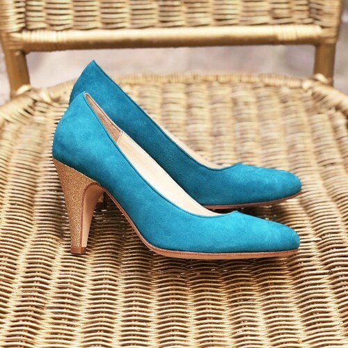 Escarpin en velours turquoise foncé et fine paillette champagne