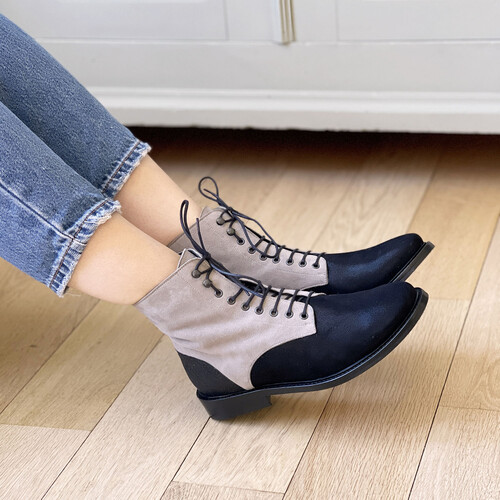 Boots à lacets en velours gris irisé et glitter paillettes noir