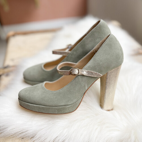 Escarpin plateforme en velours vert sauge et champagne