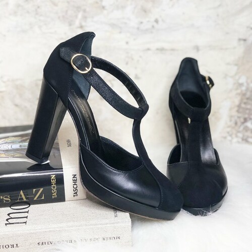 Platform T bar in black soft leather, suede and metallic leather