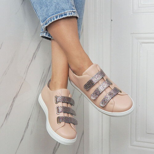 Baskets scratchs beige rosé paillettes multicolores
