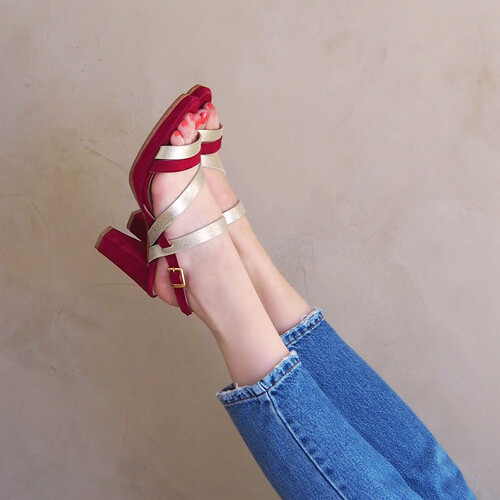 Sandale plateforme talons bordeaux velours doré irisé