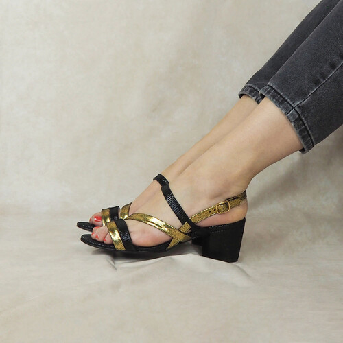 Sandales talons en vipérine noire et irisé bronze