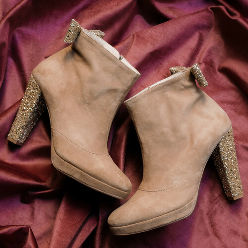 Bottine plateforme en velours camel, glitter champagne