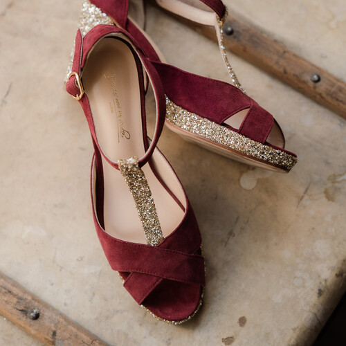 Salomé plateforme ouvertes en velours bordeaux et glitter champagne