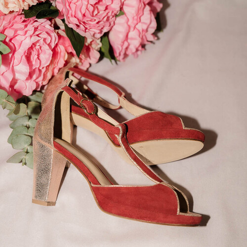 Charlotte plateforme en velours terracotta et irisé or rose