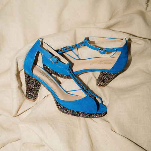 Charlotte plateforme en velours bleu électrique, glitter multicolore