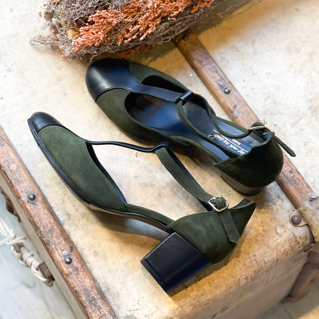 Salome en velours kaki et cuir lisse noir Dessine moi un soulier