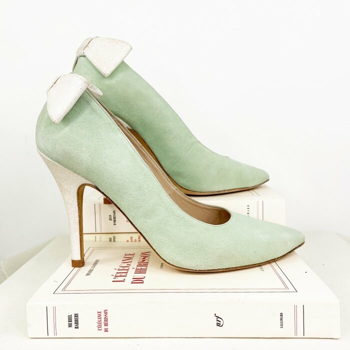 Escarpin pointu en velours menthe et paillettes blanches