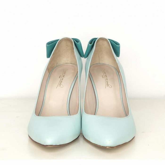 Escarpin pointu en cuir lisse vert d eau et cuir lisse turquoise