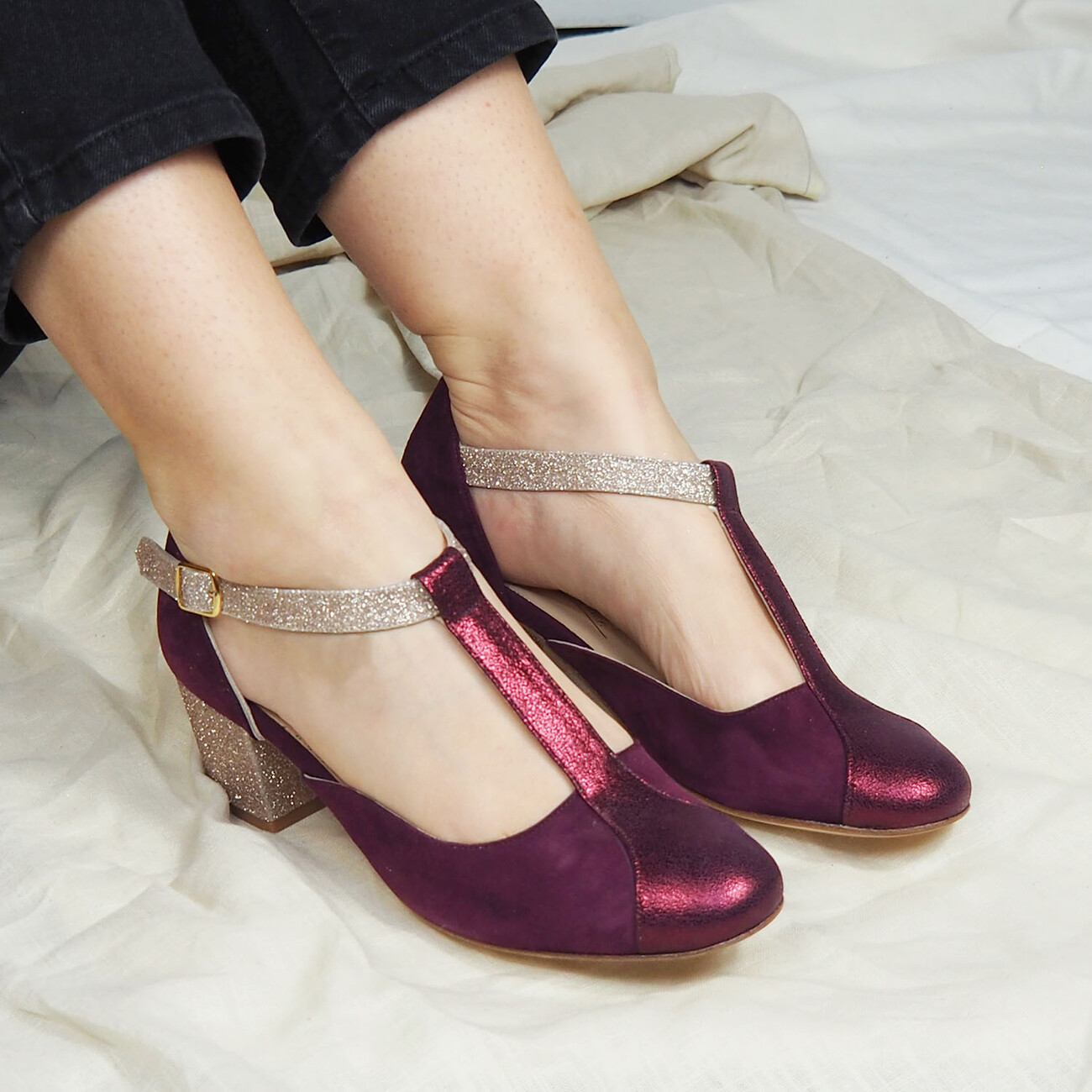 Salom en velours et iris grenat or blond Dessine moi un soulier